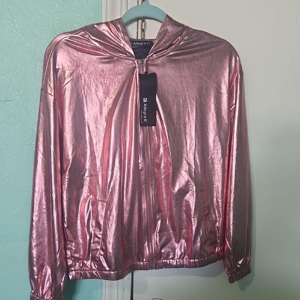 Allegra K Shimmering Pink Hooded Jacket